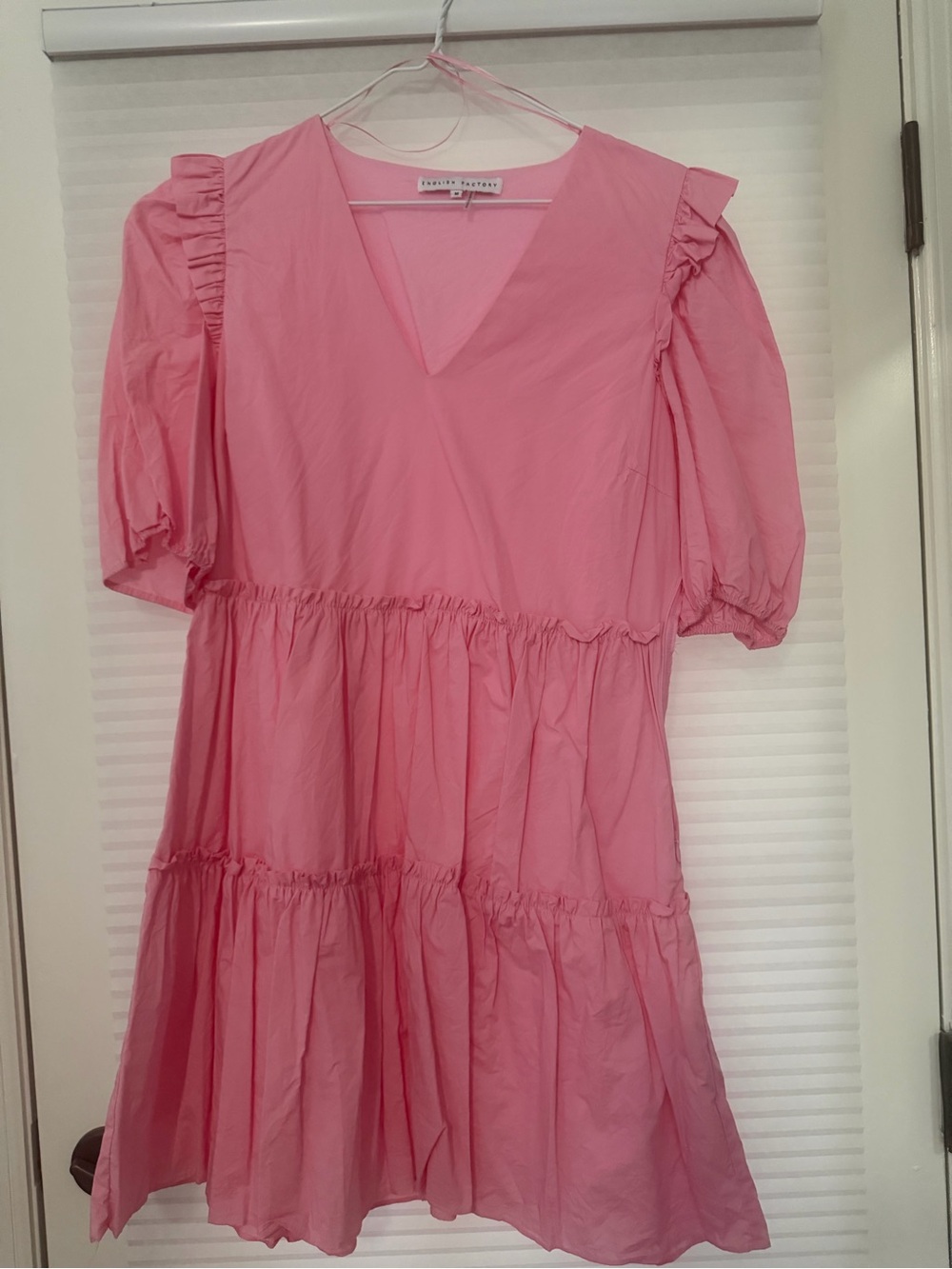Pink Tiered V-Neck Puff Sleeve Dress